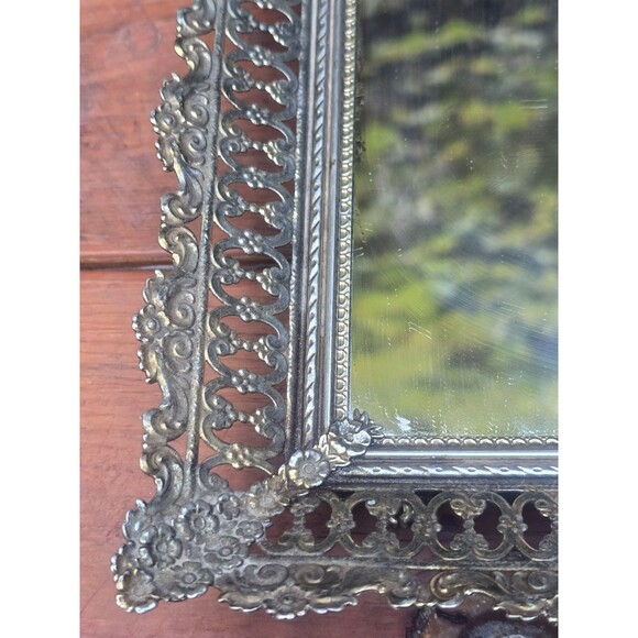 Mirrorred Vanity Tray Hollywood Regency Ornate Gold Tone Filigree 16.5"x11.5"x3" - Picture 3 of 5